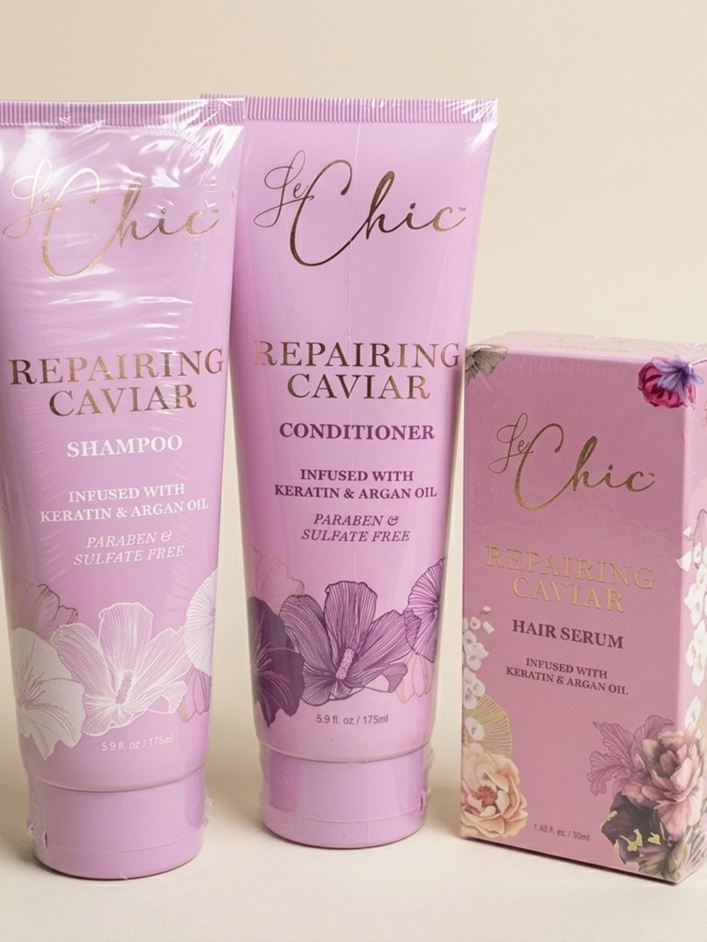NEW Le Chic Repairing Caviar Hair Set Shampoo Conditioner Serum Keratin